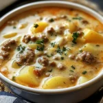 A bowl of creamy Cheesy Hamburger Potato Soup topped with fresh chives, served with crusty bread on a wooden table.