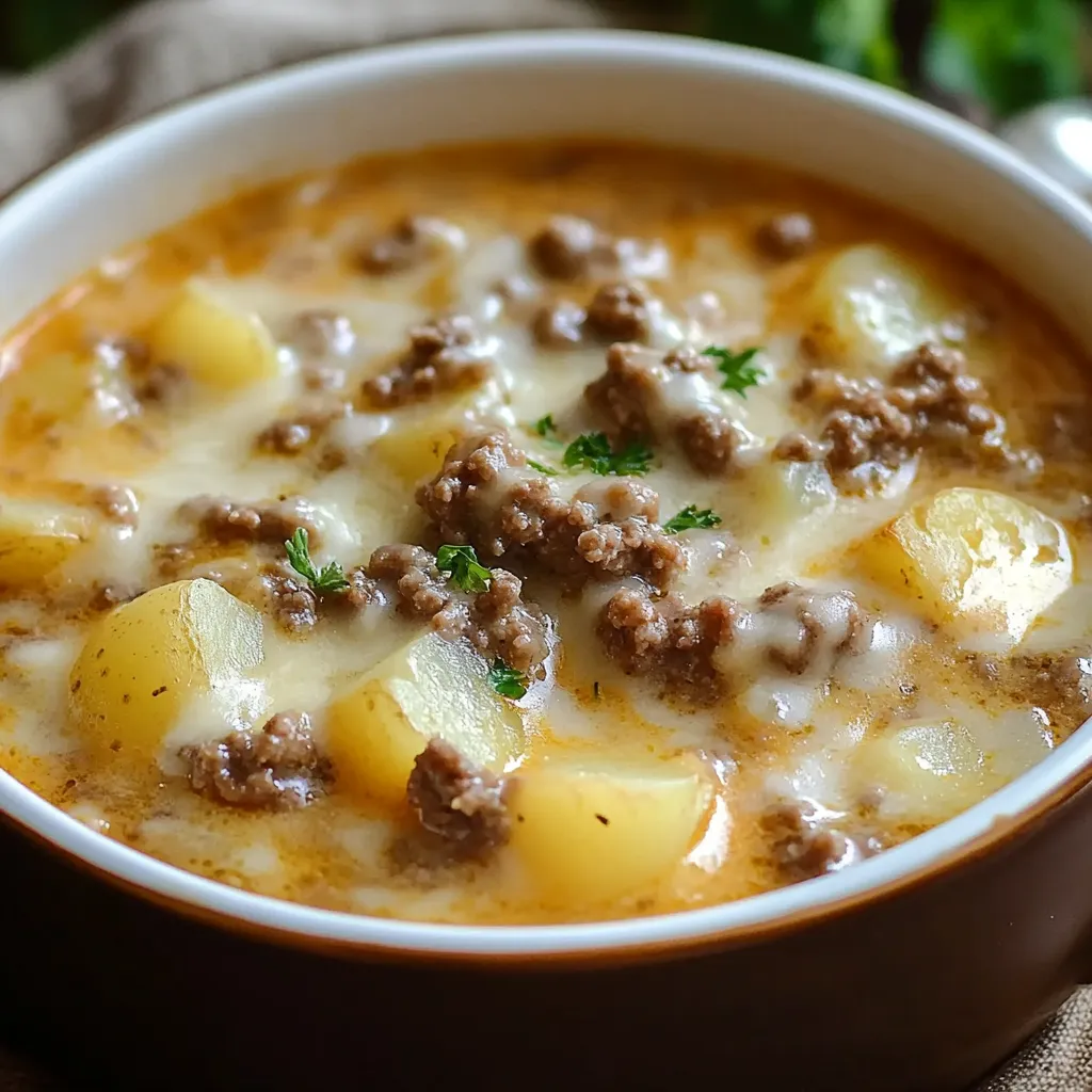 A bowl of creamy Cheesy Hamburger Potato Soup topped with fresh chives, served with crusty bread on a wooden table.