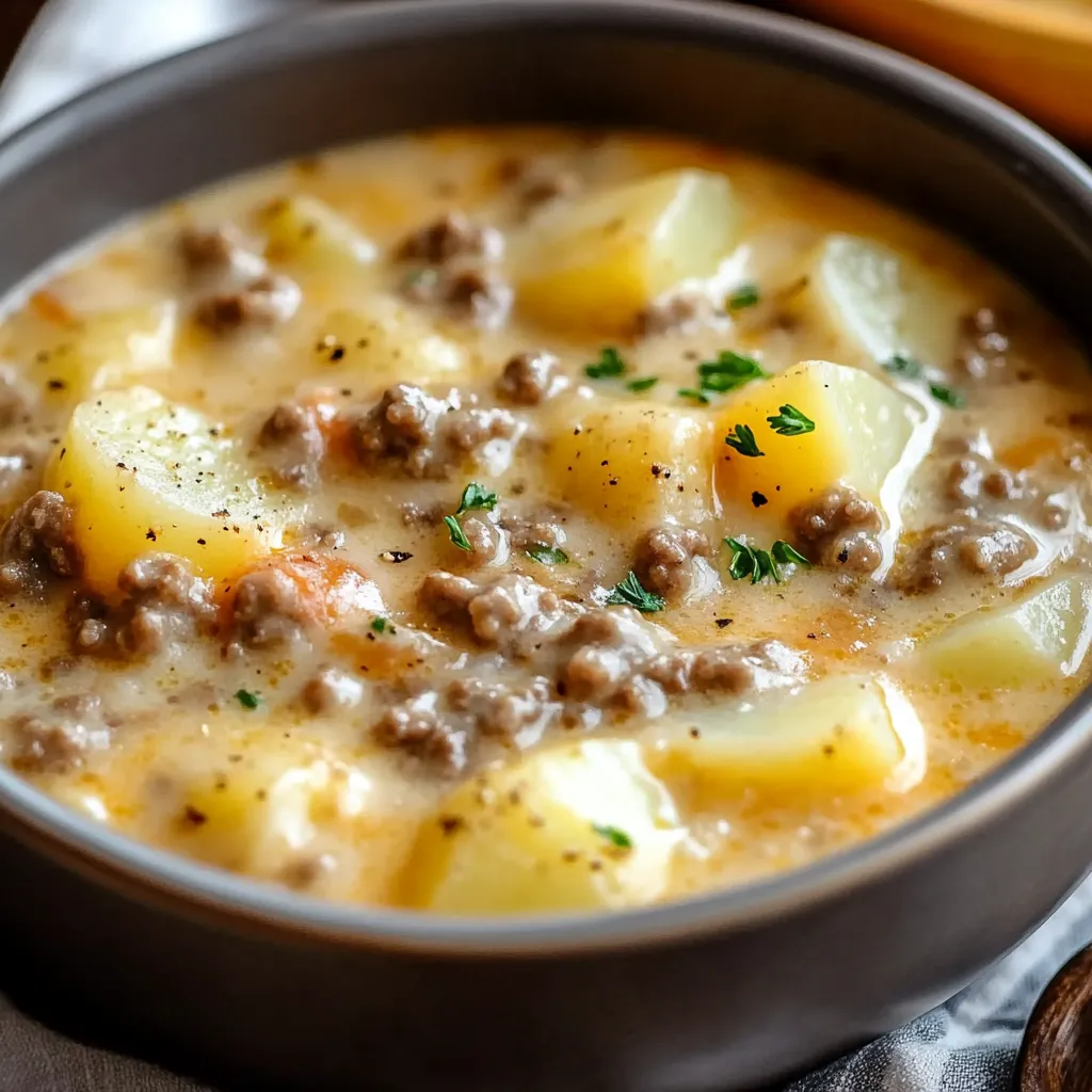 A bowl of creamy Cheesy Hamburger Potato Soup topped with fresh chives, served with crusty bread on a wooden table.