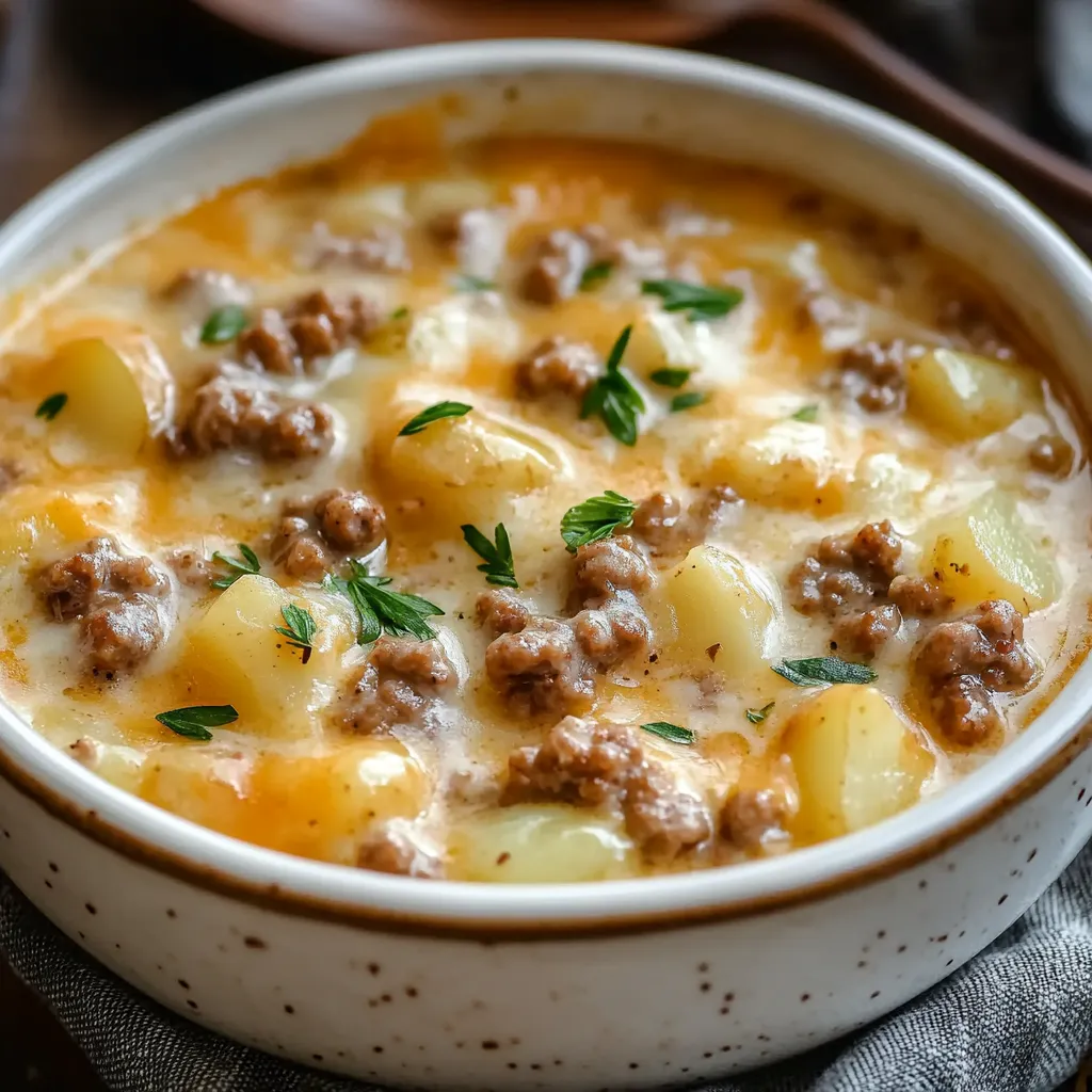 A bowl of creamy Cheesy Hamburger Potato Soup topped with fresh chives, served with crusty bread on a wooden table.