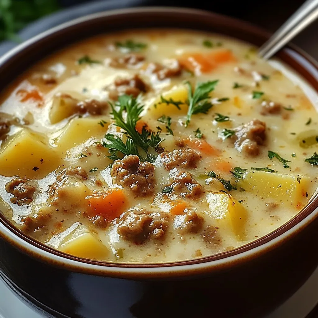 A bowl of creamy Cheesy Hamburger Potato Soup topped with fresh chives, served with crusty bread on a wooden table.