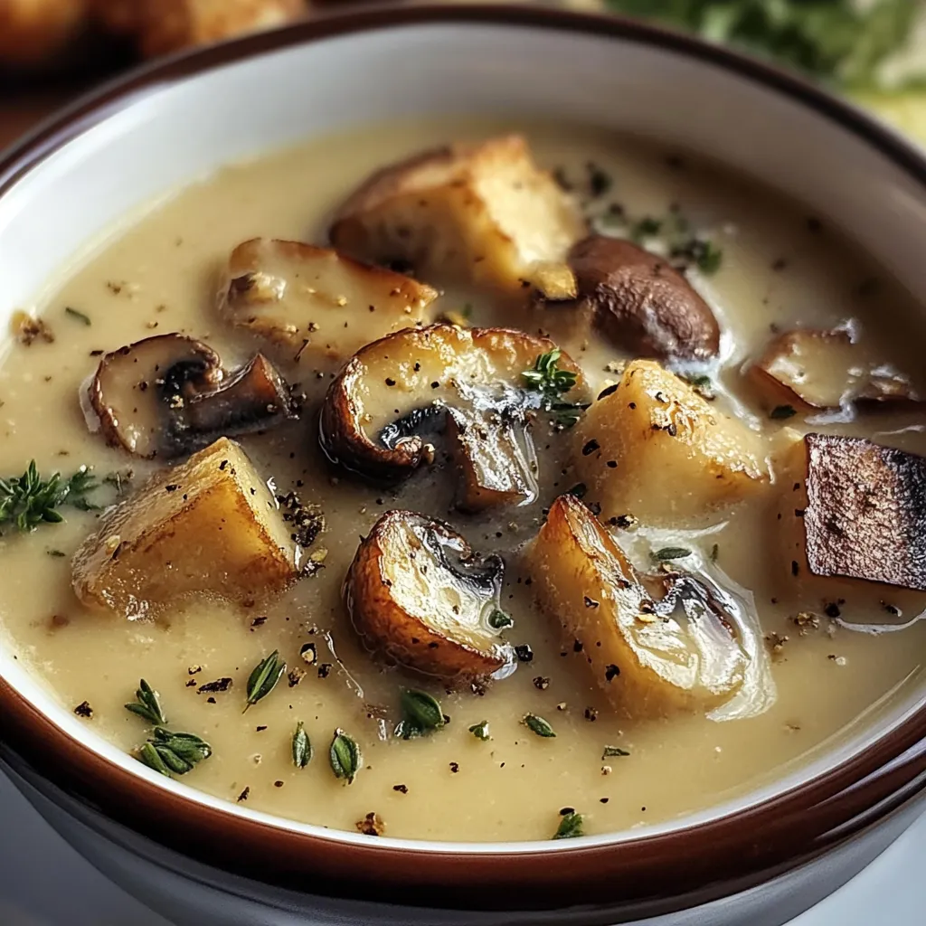 A bowl of creamy mushroom soup garnished with fresh parsley, served alongside slices of crusty bread on a wooden table.