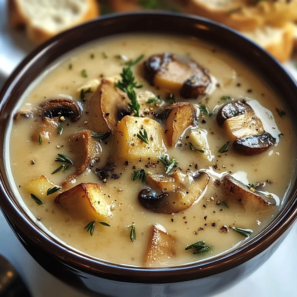 A bowl of creamy mushroom soup garnished with fresh parsley, served alongside slices of crusty bread on a wooden table.