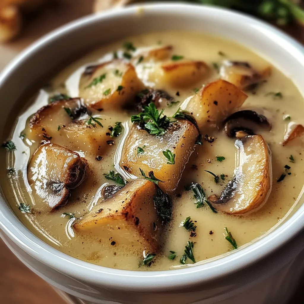 A bowl of creamy mushroom soup garnished with fresh parsley, served alongside slices of crusty bread on a wooden table.