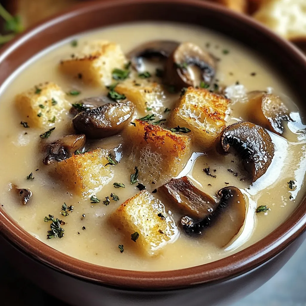 A bowl of creamy mushroom soup garnished with fresh parsley, served alongside slices of crusty bread on a wooden table.