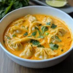 A vibrant bowl of Thai Red Curry Dumpling Soup with red bell peppers, spinach, and dumplings floating in a creamy coconut curry broth, garnished with cilantro and lime wedges.