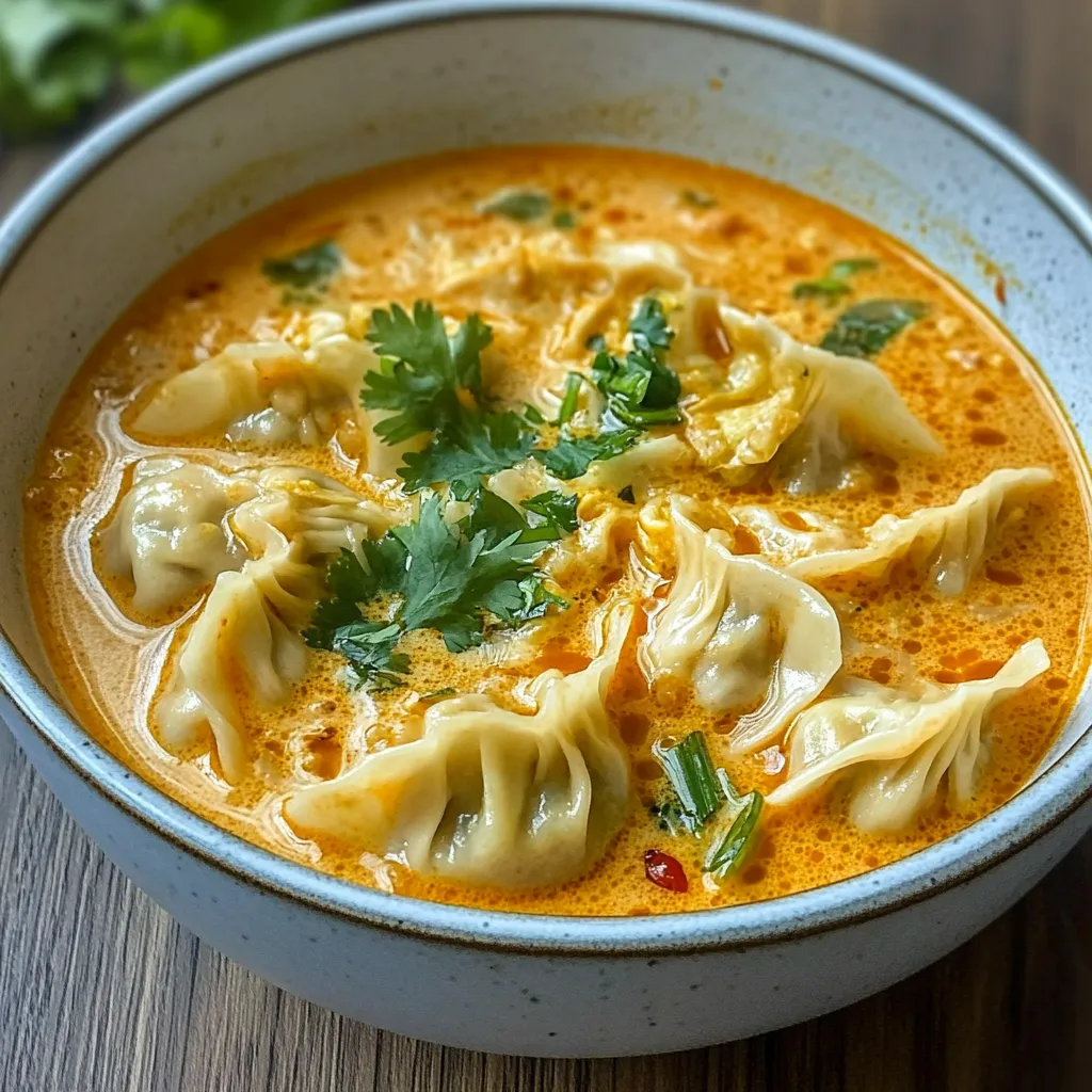 A vibrant bowl of Thai Red Curry Dumpling Soup with red bell peppers, spinach, and dumplings floating in a creamy coconut curry broth, garnished with cilantro and lime wedges.