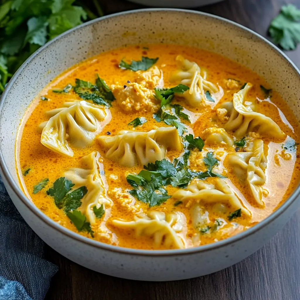 A vibrant bowl of Thai Red Curry Dumpling Soup with red bell peppers, spinach, and dumplings floating in a creamy coconut curry broth, garnished with cilantro and lime wedges.