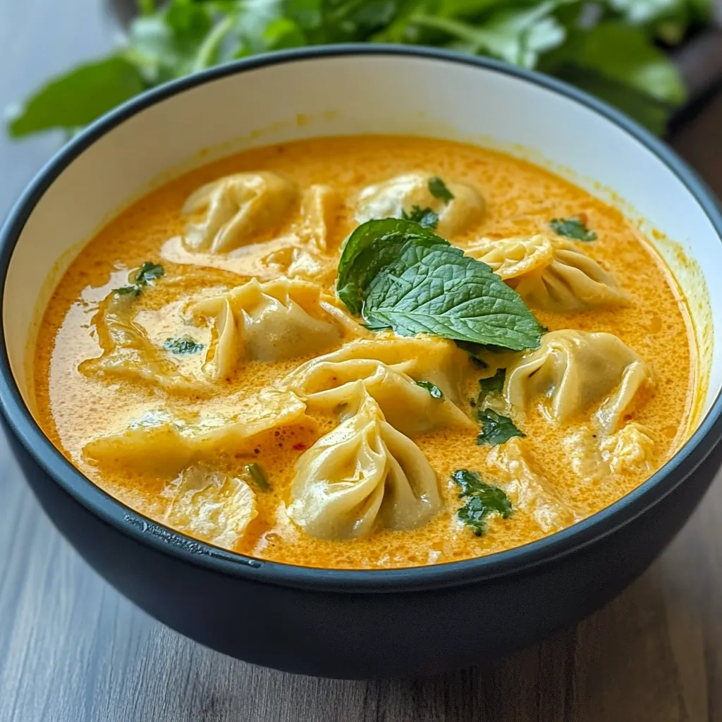 A vibrant bowl of Thai Red Curry Dumpling Soup with red bell peppers, spinach, and dumplings floating in a creamy coconut curry broth, garnished with cilantro and lime wedges.