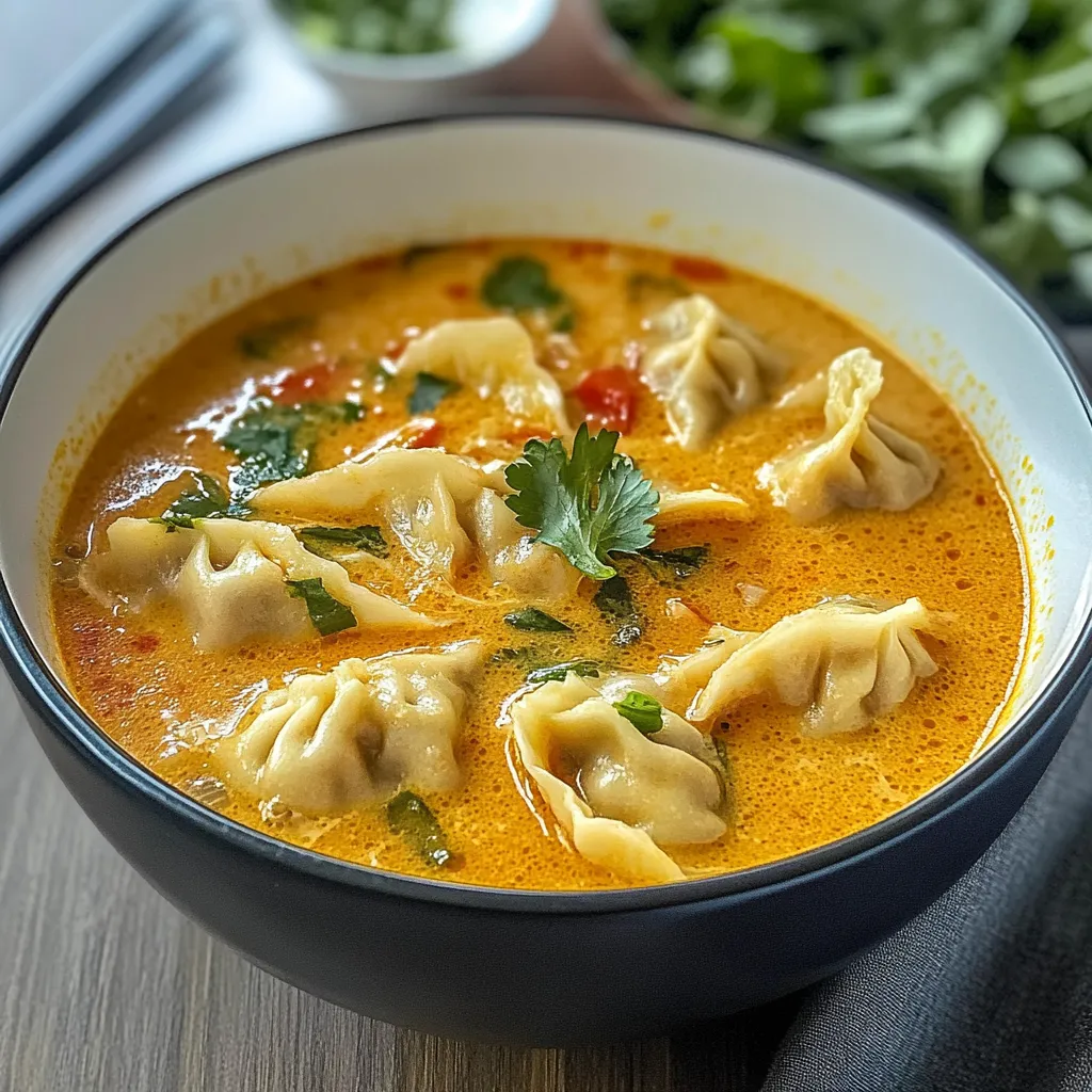 A vibrant bowl of Thai Red Curry Dumpling Soup with red bell peppers, spinach, and dumplings floating in a creamy coconut curry broth, garnished with cilantro and lime wedges.