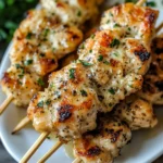 Golden-brown Garlic Parmesan Chicken Skewers cooked in an air fryer, served on a white plate with dipping sauce.