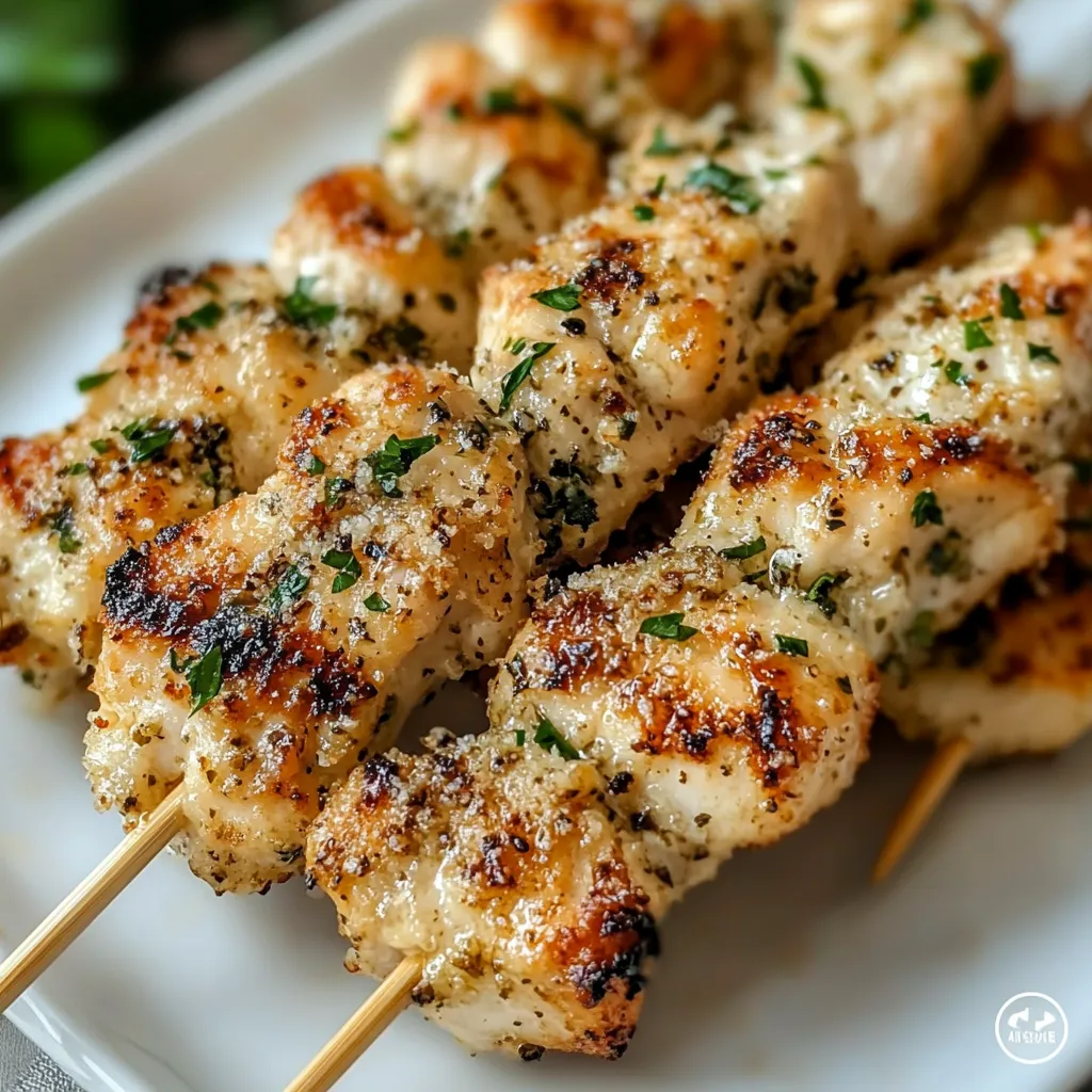 Golden-brown Garlic Parmesan Chicken Skewers cooked in an air fryer, served on a white plate with dipping sauce.