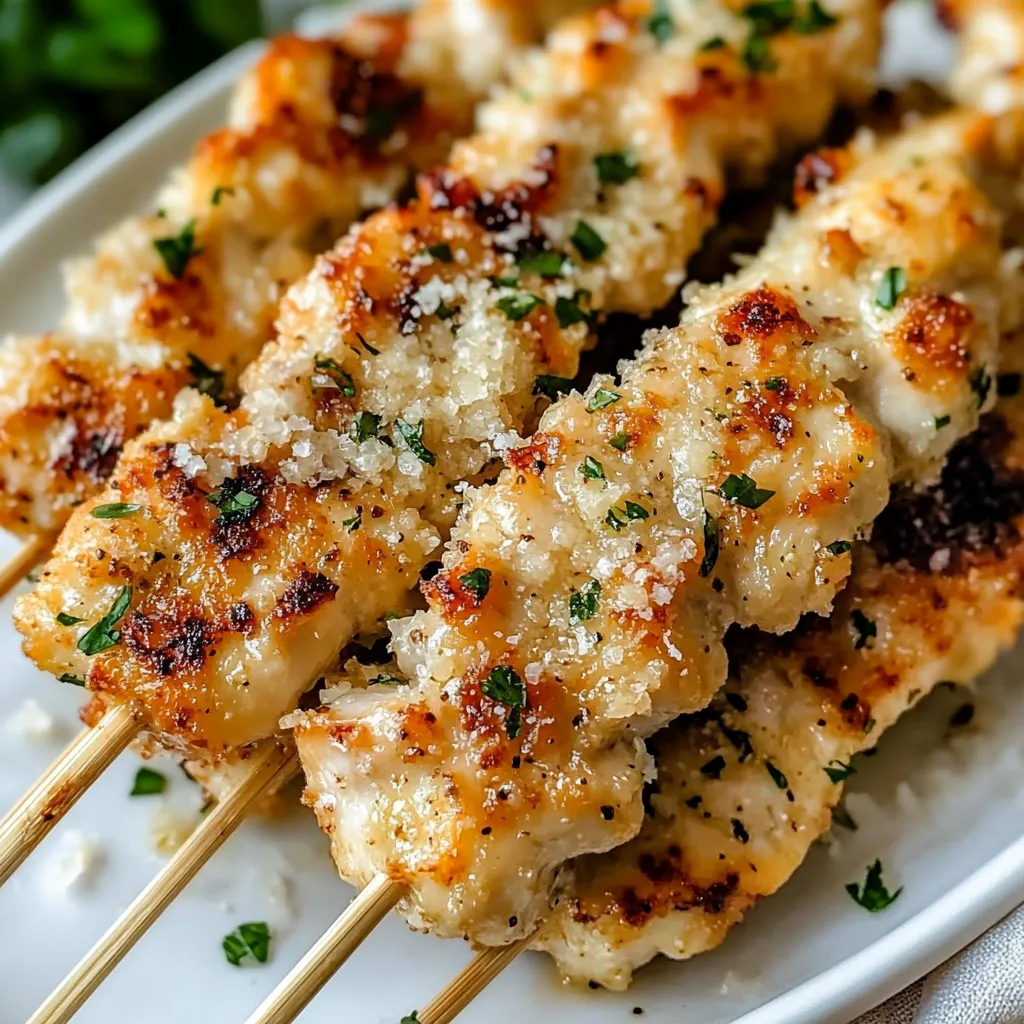 Golden-brown Garlic Parmesan Chicken Skewers cooked in an air fryer, served on a white plate with dipping sauce.