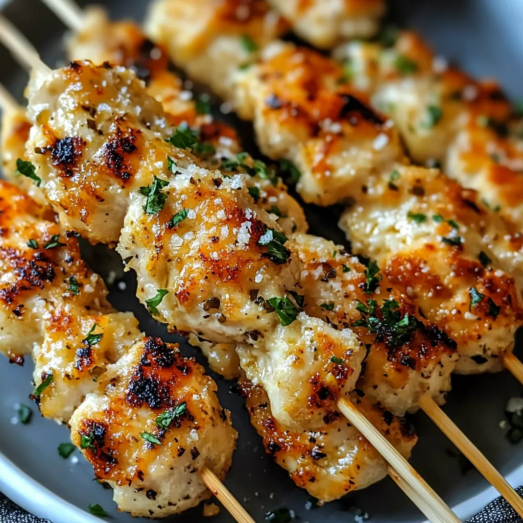 Golden-brown Garlic Parmesan Chicken Skewers cooked in an air fryer, served on a white plate with dipping sauce.