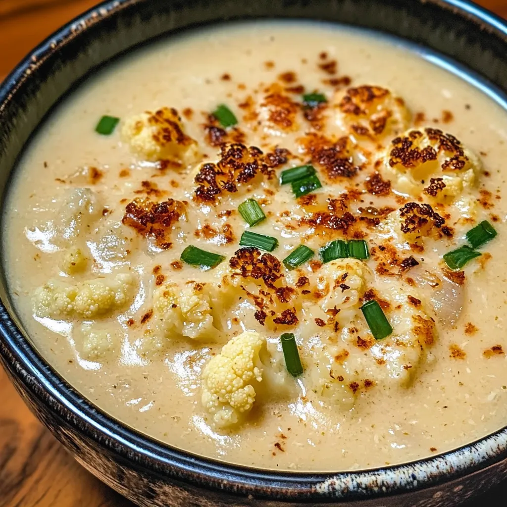 A bowl of creamy Asiago Roasted Garlic Cauliflower Soup garnished with fresh thyme and croutons, surrounded by ingredients on a rustic table.