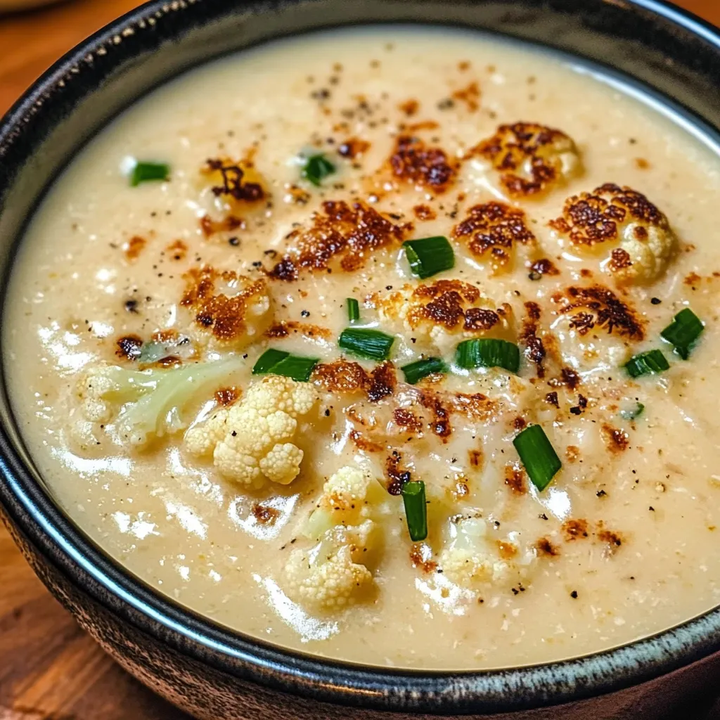 A bowl of creamy Asiago Roasted Garlic Cauliflower Soup garnished with fresh thyme and croutons, surrounded by ingredients on a rustic table.