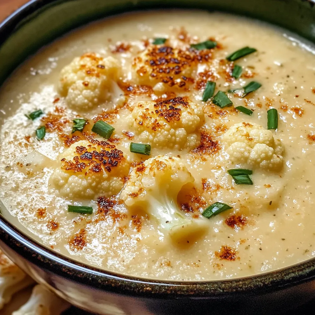 A bowl of creamy Asiago Roasted Garlic Cauliflower Soup garnished with fresh thyme and croutons, surrounded by ingredients on a rustic table.