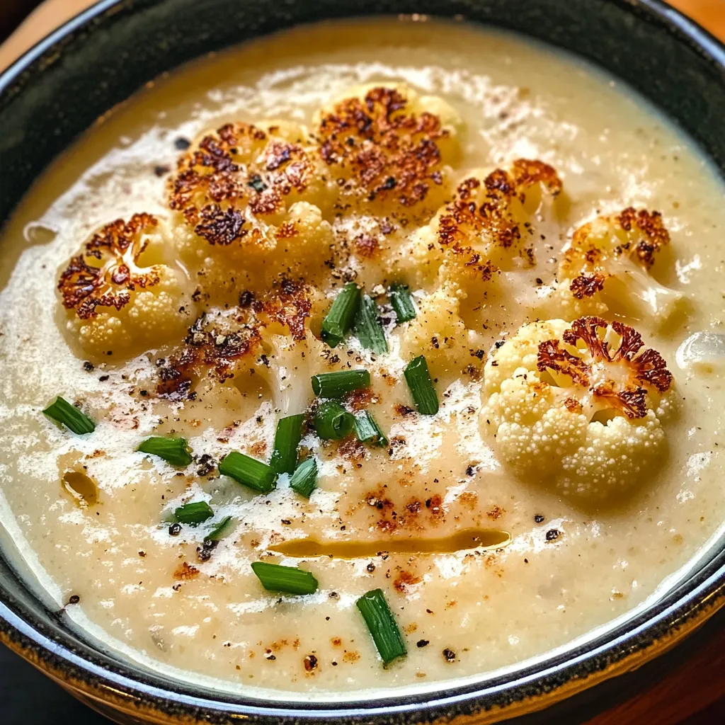 A bowl of creamy Asiago Roasted Garlic Cauliflower Soup garnished with fresh thyme and croutons, surrounded by ingredients on a rustic table.