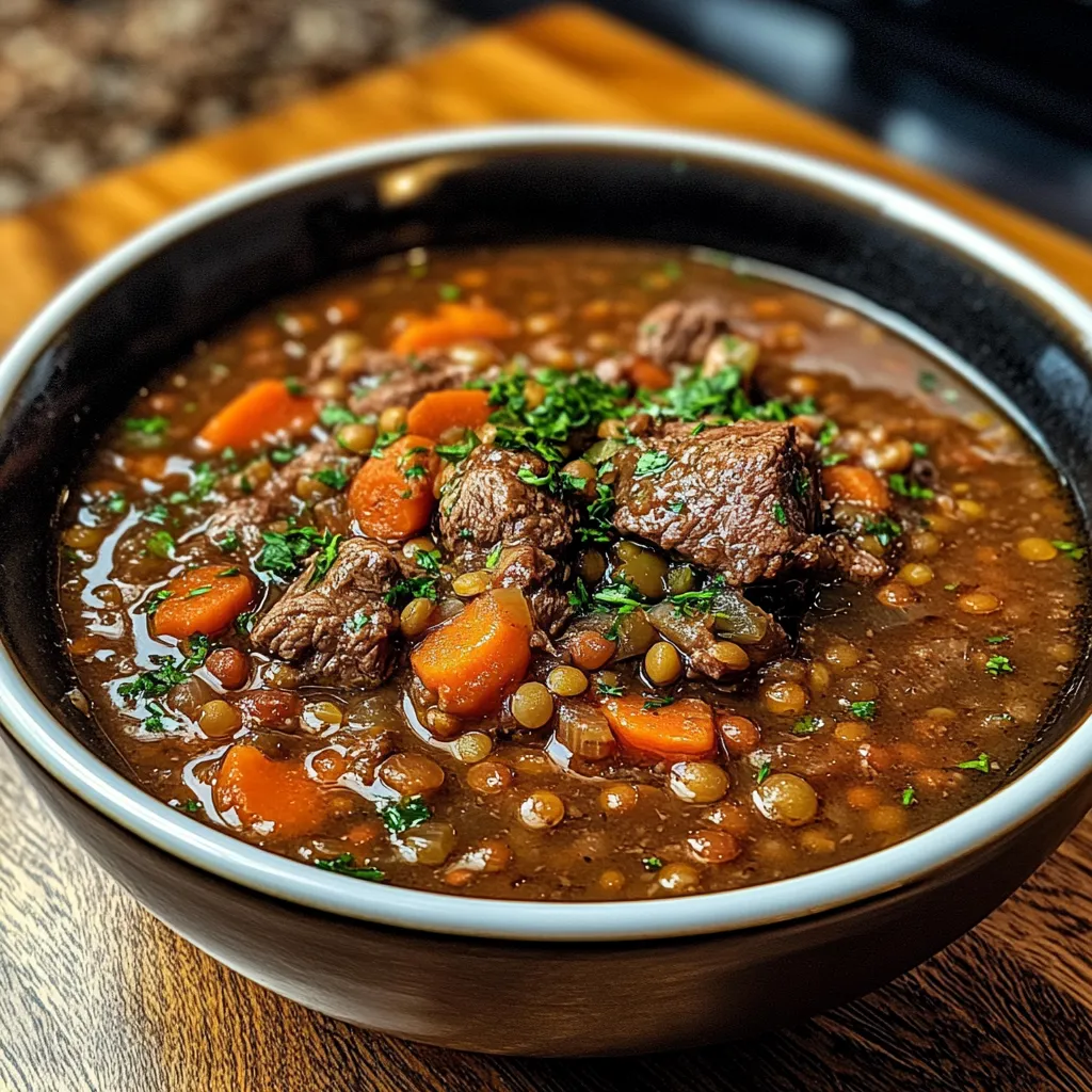 A bowl of Beef and Lentil Soup garnished with fresh parsley, served with a slice of crusty bread.