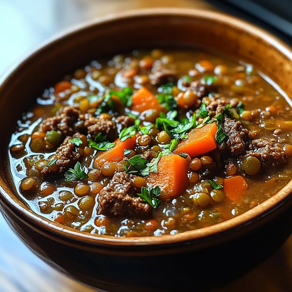 A bowl of Beef and Lentil Soup garnished with fresh parsley, served with a slice of crusty bread.