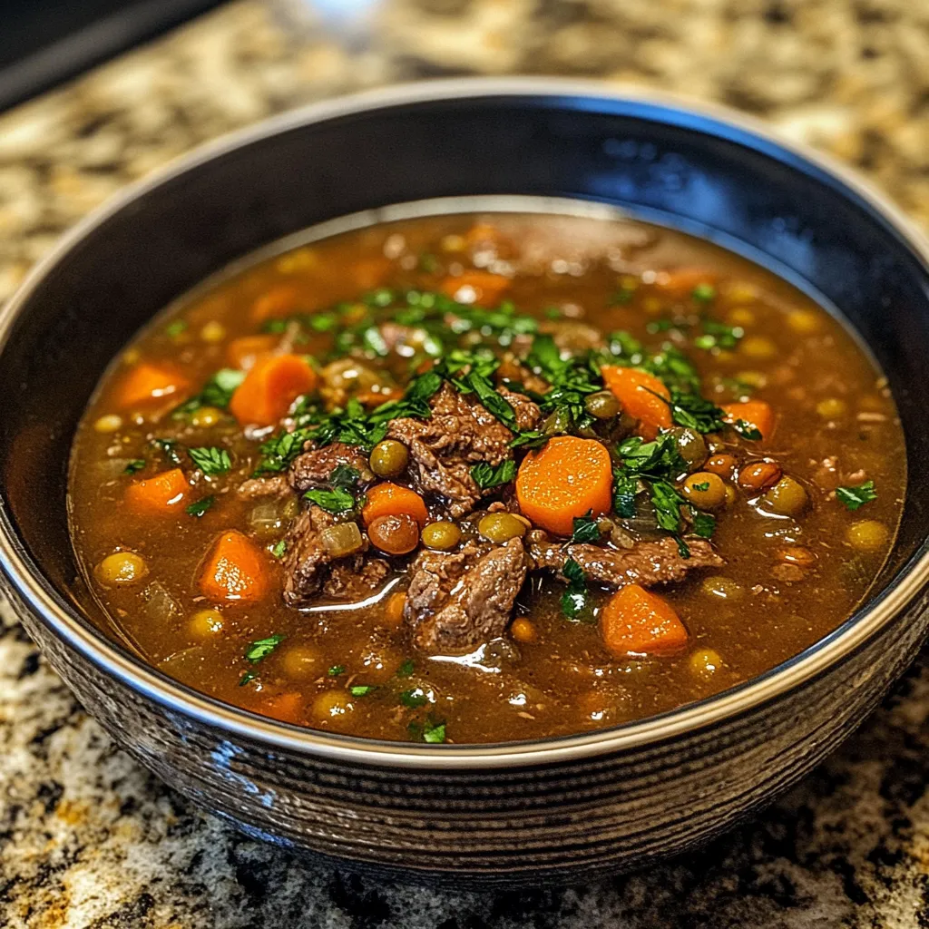 A bowl of Beef and Lentil Soup garnished with fresh parsley, served with a slice of crusty bread.