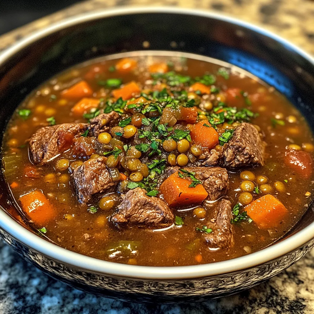 A bowl of Beef and Lentil Soup garnished with fresh parsley, served with a slice of crusty bread.