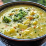 Bowl of creamy broccoli potato cheese soup garnished with parsley.