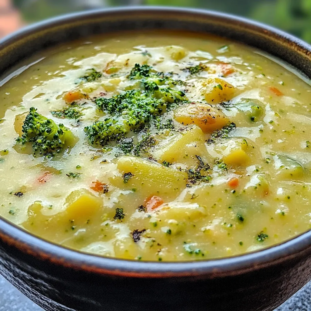 Bowl of creamy broccoli potato cheese soup garnished with parsley.