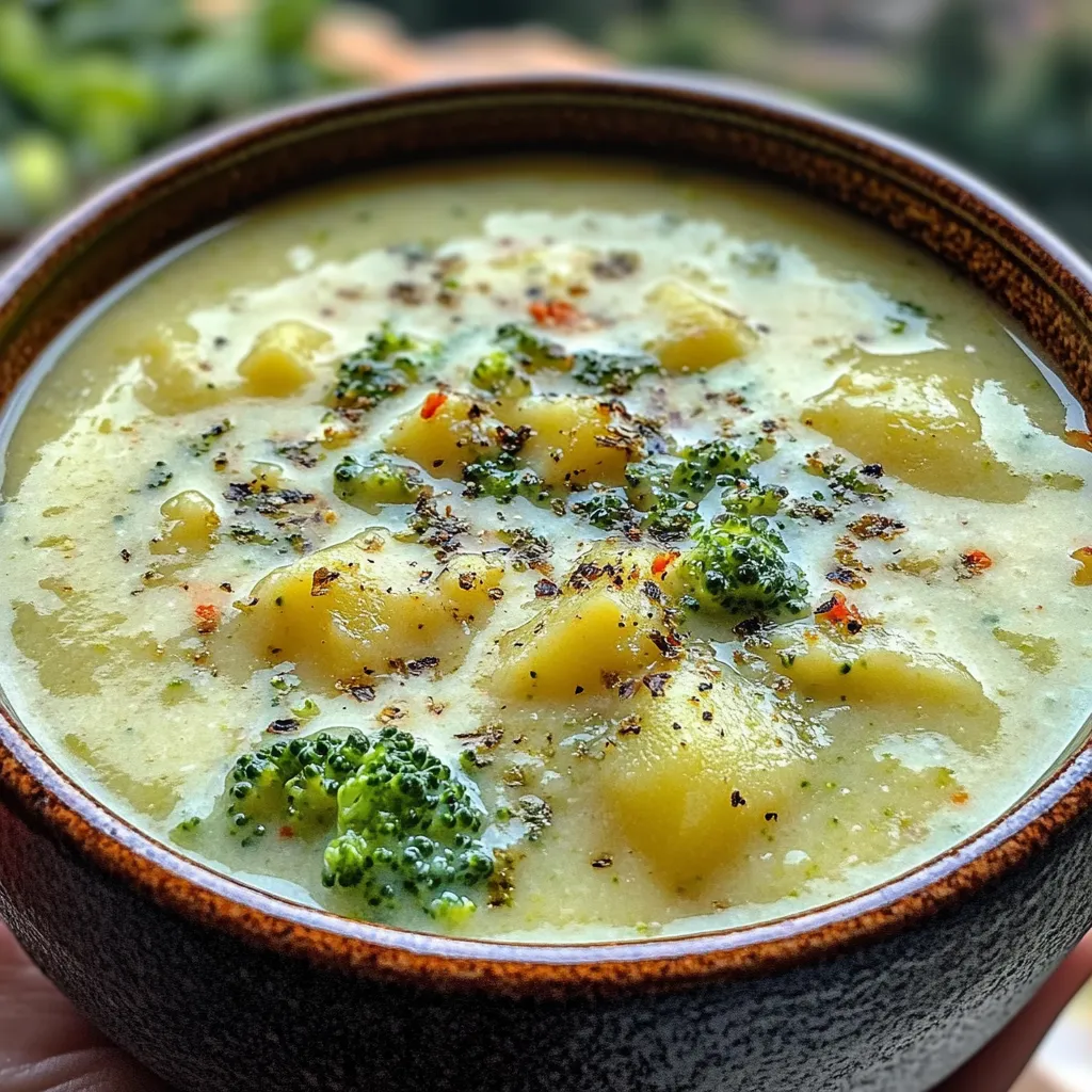 Bowl of creamy broccoli potato cheese soup garnished with parsley.