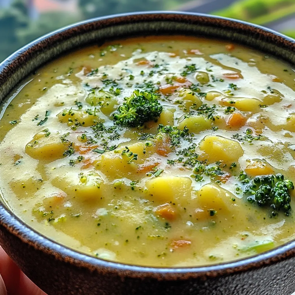 Bowl of creamy broccoli potato cheese soup garnished with parsley.