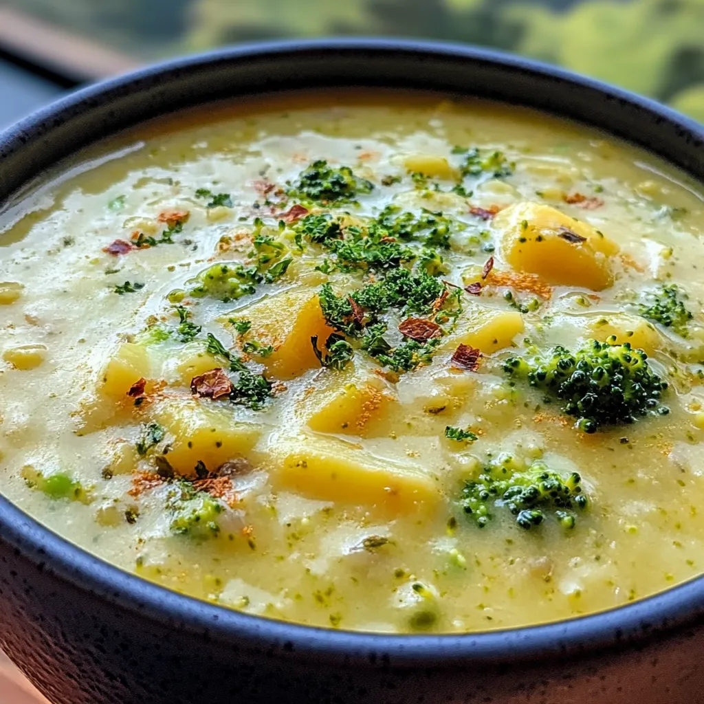 Bowl of creamy broccoli potato cheese soup garnished with parsley.