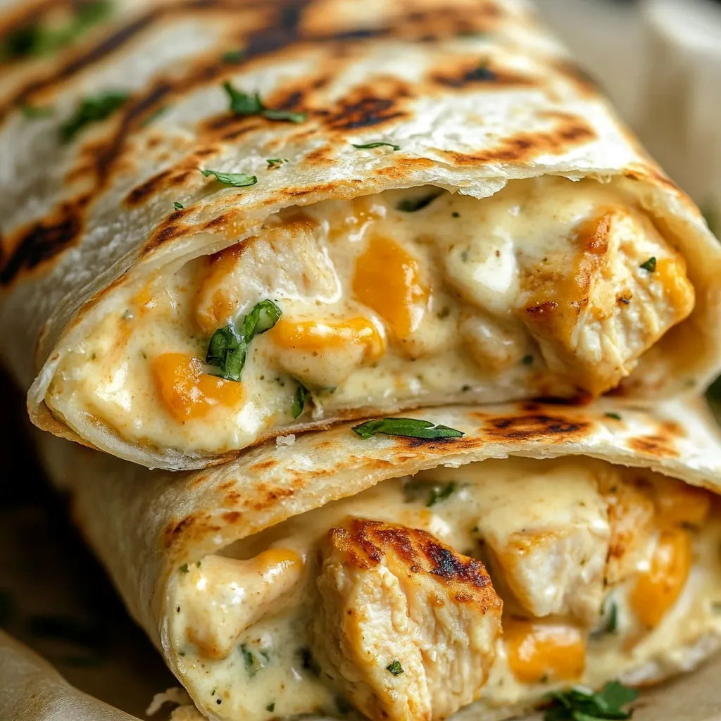 Golden crispy cheesy garlic chicken wraps cut in halves, showcasing gooey cheese and chicken filling, served with a parsley garnish.