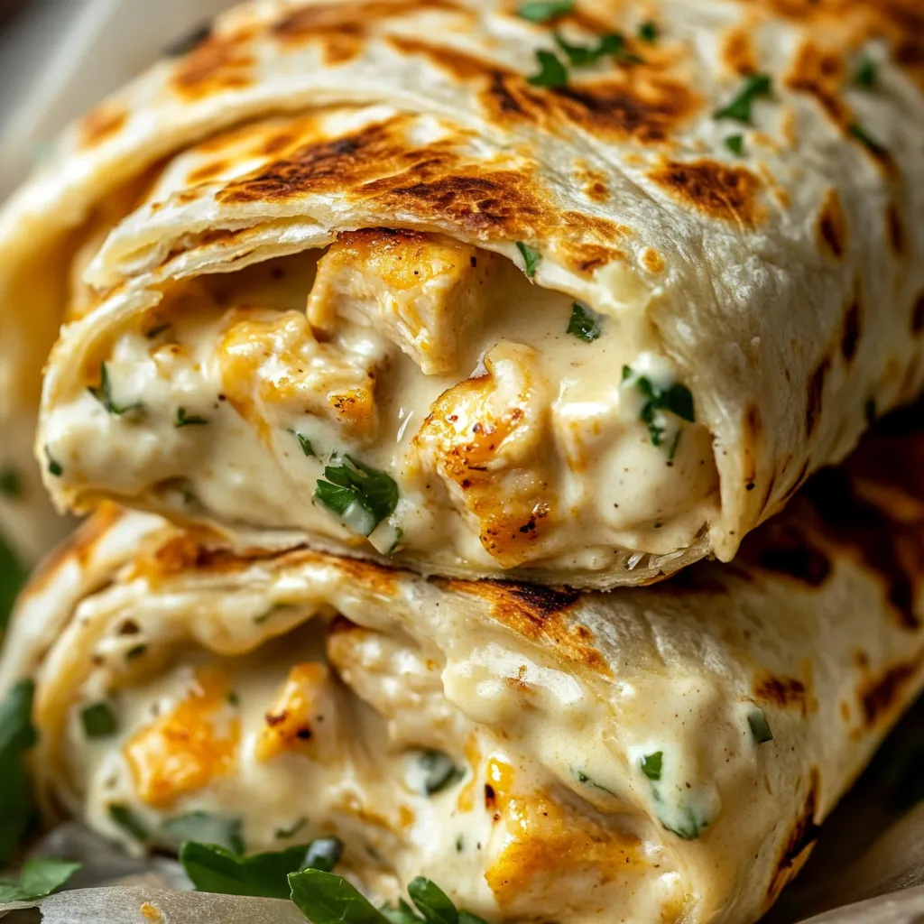 Golden crispy cheesy garlic chicken wraps cut in halves, showcasing gooey cheese and chicken filling, served with a parsley garnish.