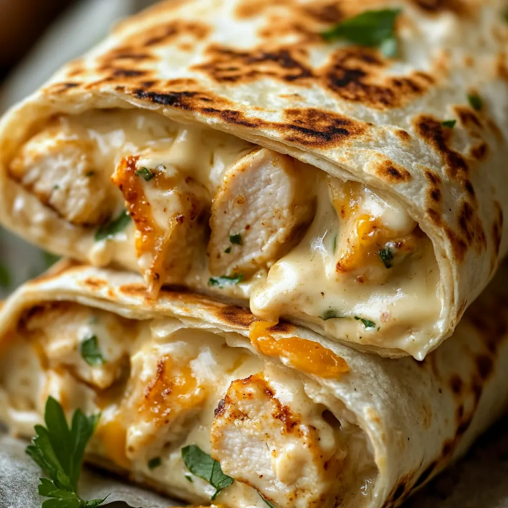 Golden crispy cheesy garlic chicken wraps cut in halves, showcasing gooey cheese and chicken filling, served with a parsley garnish.