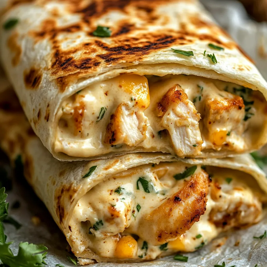 Golden crispy cheesy garlic chicken wraps cut in halves, showcasing gooey cheese and chicken filling, served with a parsley garnish.