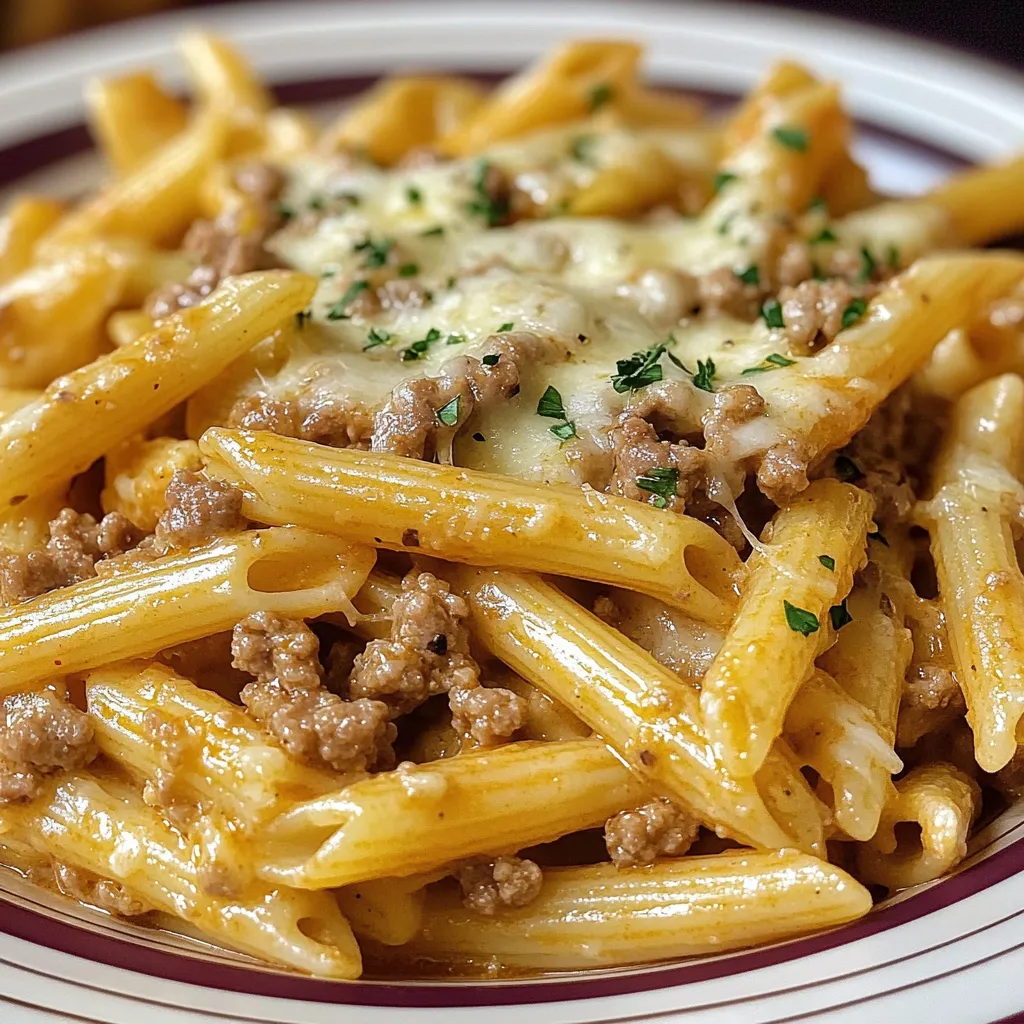 Plate of Cheesy Penne with Garlic Butter Ground Beef garnished with fresh parsley and served hot in a skillet.