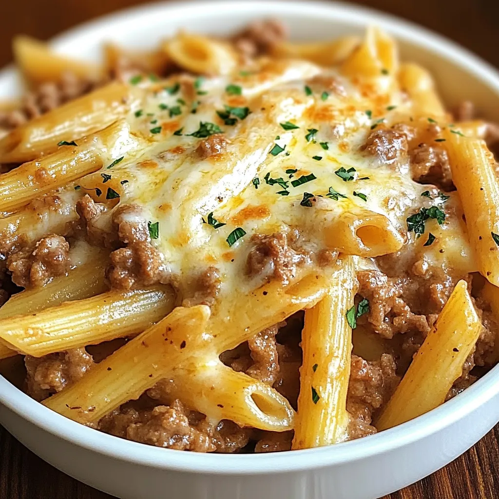 Plate of Cheesy Penne with Garlic Butter Ground Beef garnished with fresh parsley and served hot in a skillet.