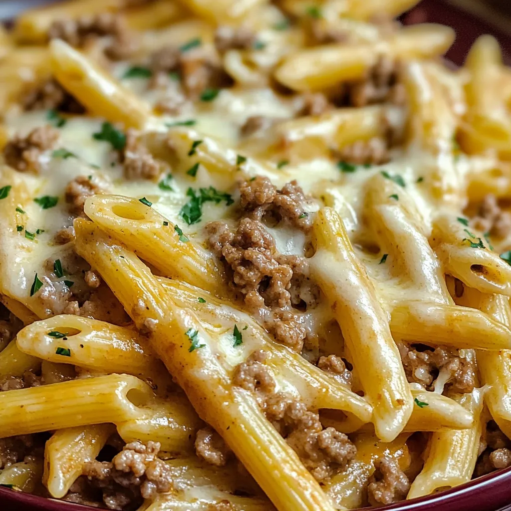 Plate of Cheesy Penne with Garlic Butter Ground Beef garnished with fresh parsley and served hot in a skillet.