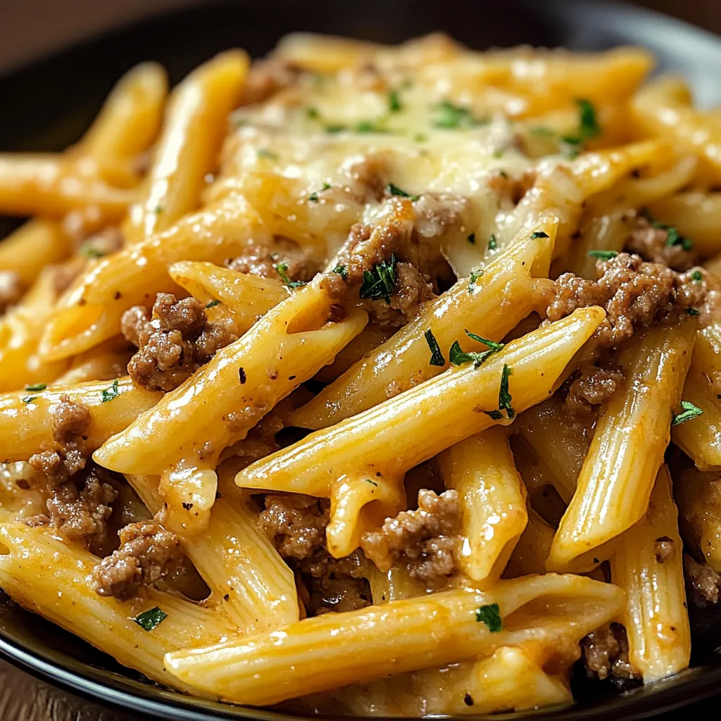 Plate of Cheesy Penne with Garlic Butter Ground Beef garnished with fresh parsley and served hot in a skillet.