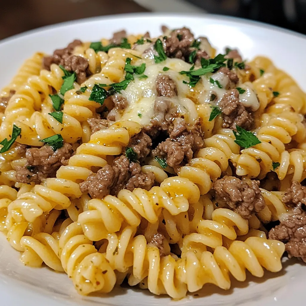 Bowl of cheesy rotini pasta with garlic butter beef and parsley garnish.