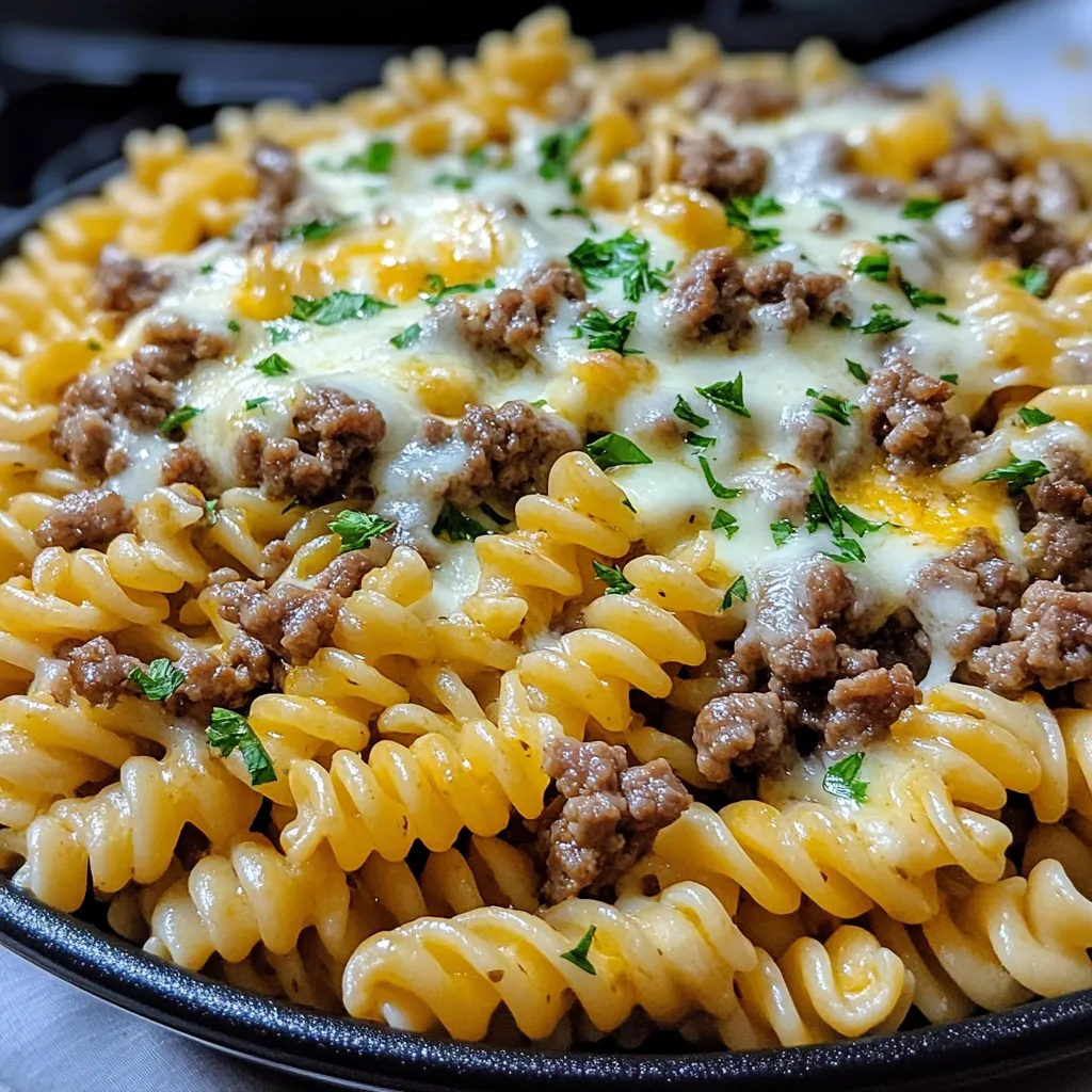 Bowl of cheesy rotini pasta with garlic butter beef and parsley garnish.