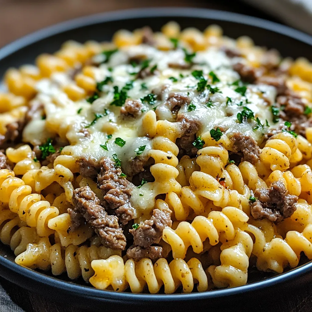 Bowl of cheesy rotini pasta with garlic butter beef and parsley garnish.