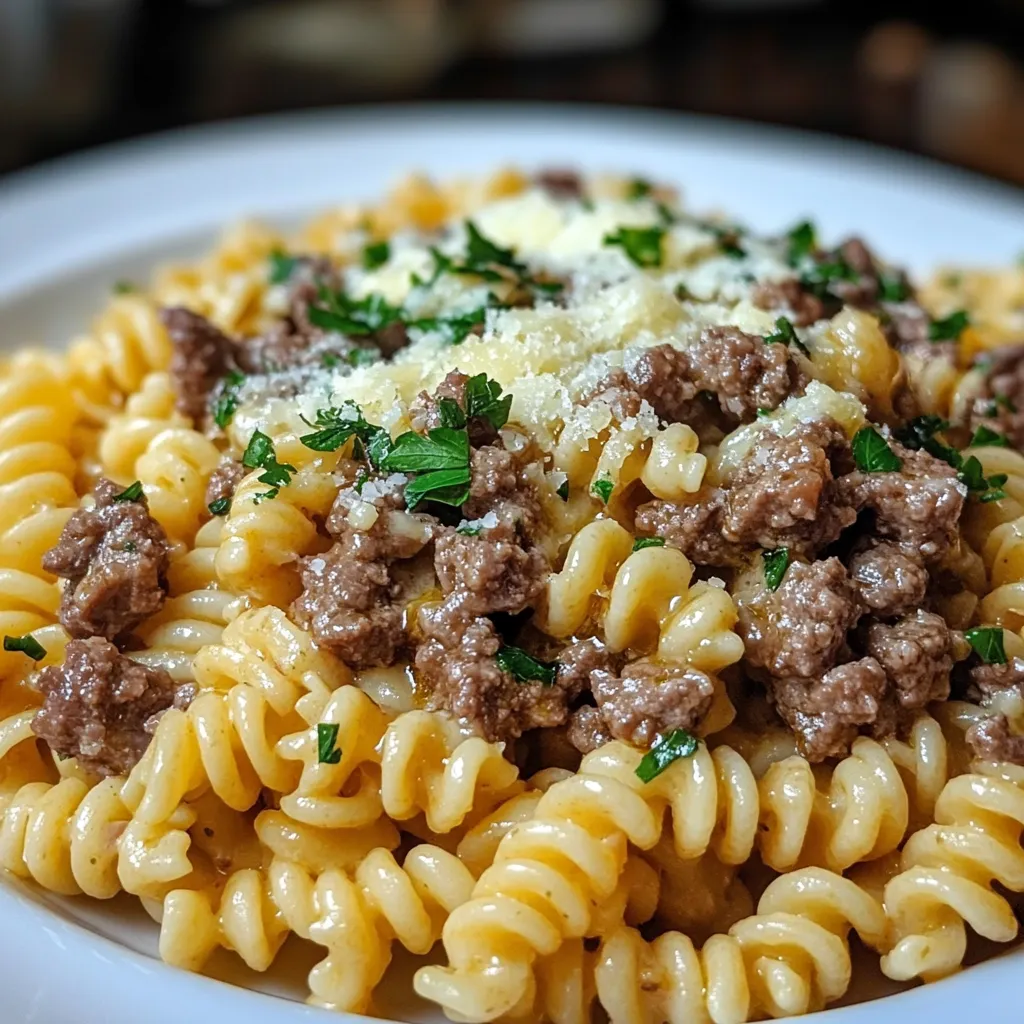 Bowl of cheesy rotini pasta with garlic butter beef and parsley garnish.