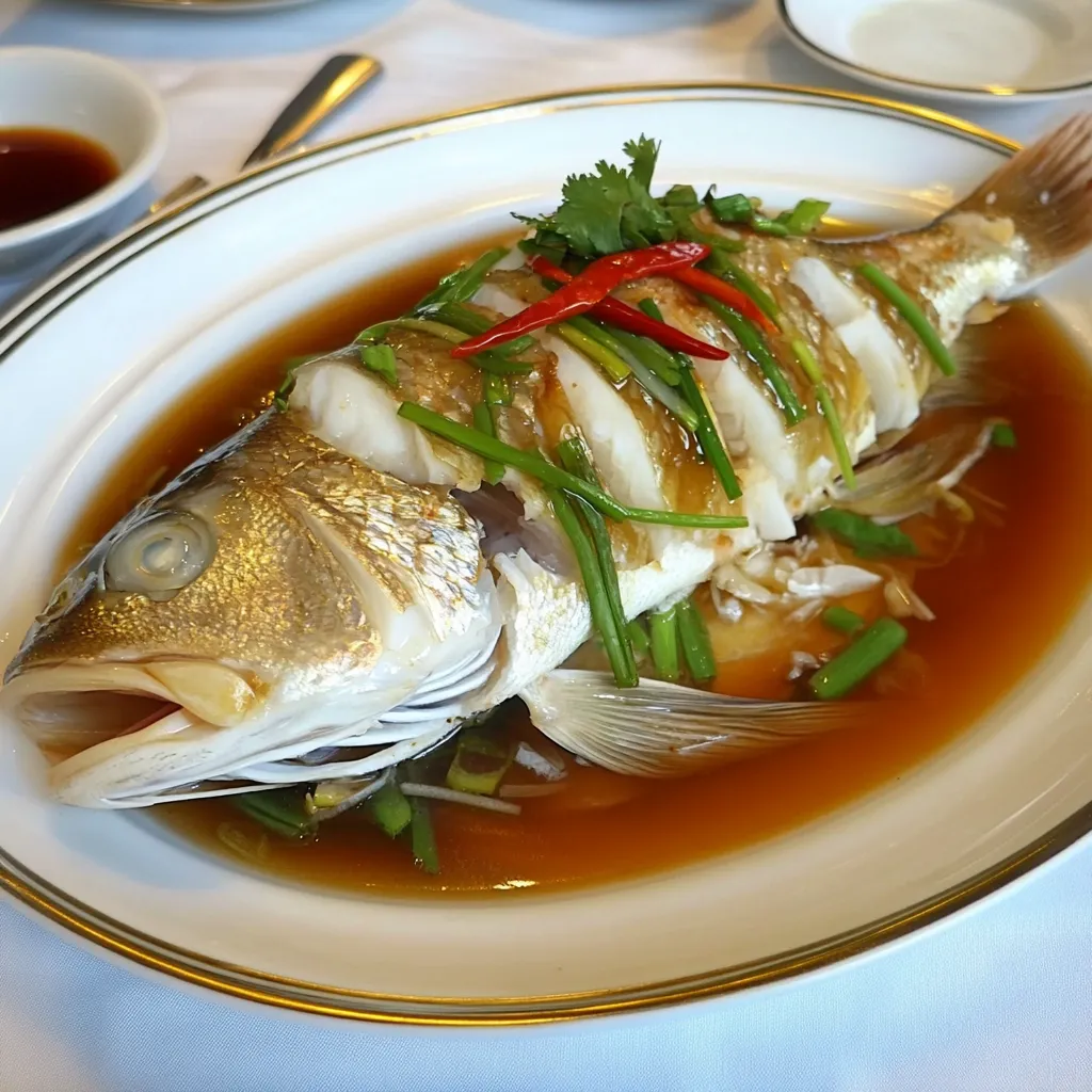 A plate of freshly steamed Chinese fish garnished with ginger, scallions, and red chili slices, served with a drizzle of soy sauce.