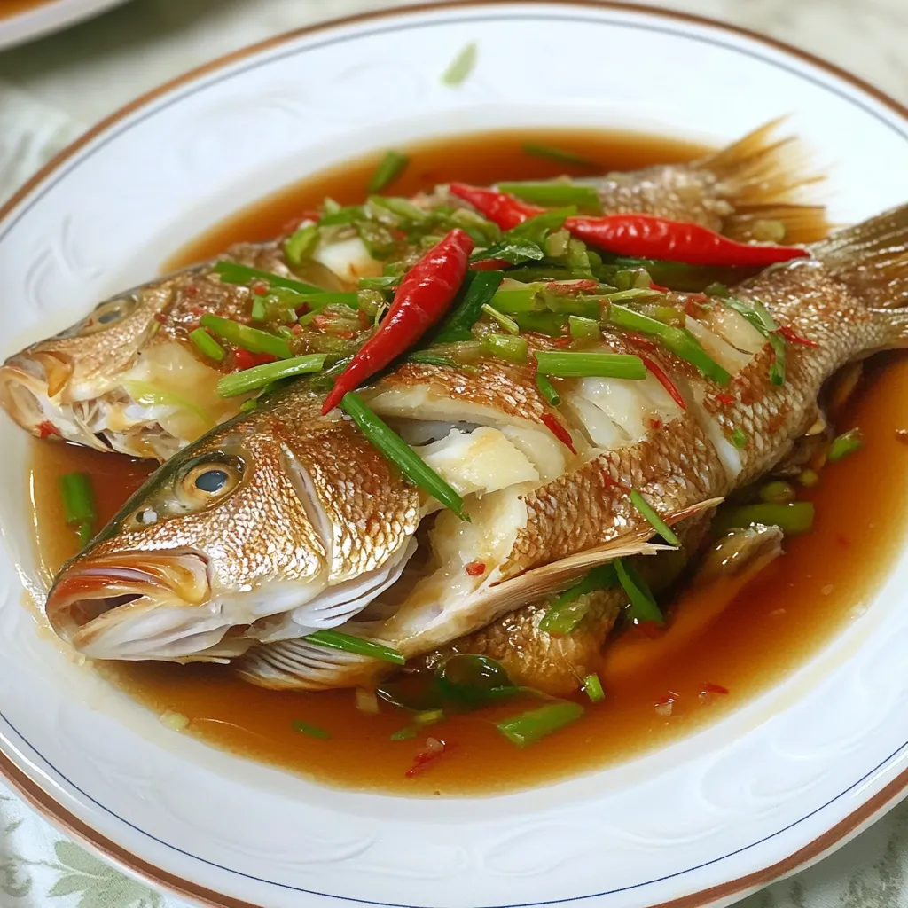 A plate of freshly steamed Chinese fish garnished with ginger, scallions, and red chili slices, served with a drizzle of soy sauce.