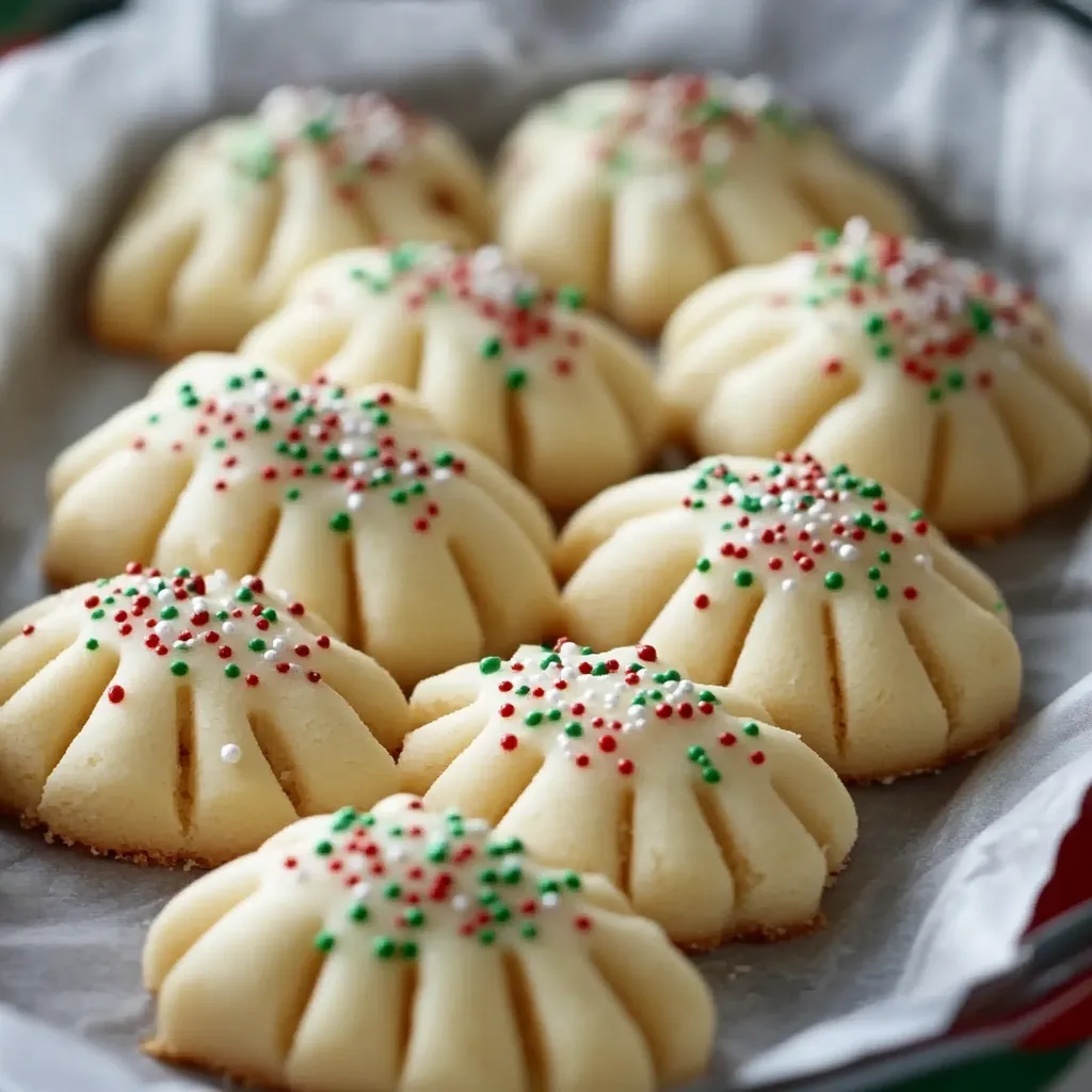 Christmas Whipped Shortbread Cookies topped with holiday sprinkles and maraschino cherries, arranged on a festive table.