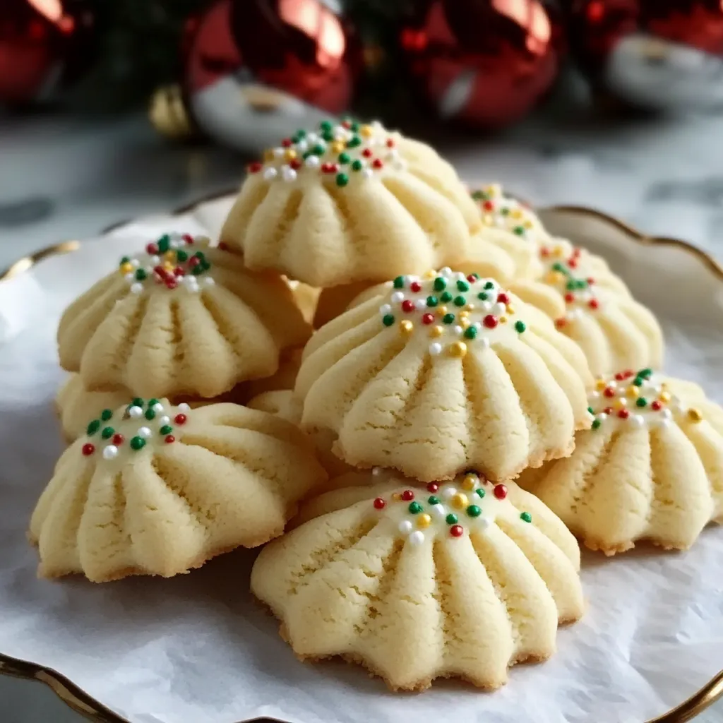 Christmas Whipped Shortbread Cookies topped with holiday sprinkles and maraschino cherries, arranged on a festive table.