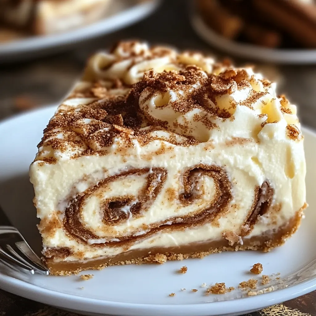 Cinnamon Roll Cheesecake with creamy layers, cinnamon swirls, and a drizzle of glaze on a white plate.