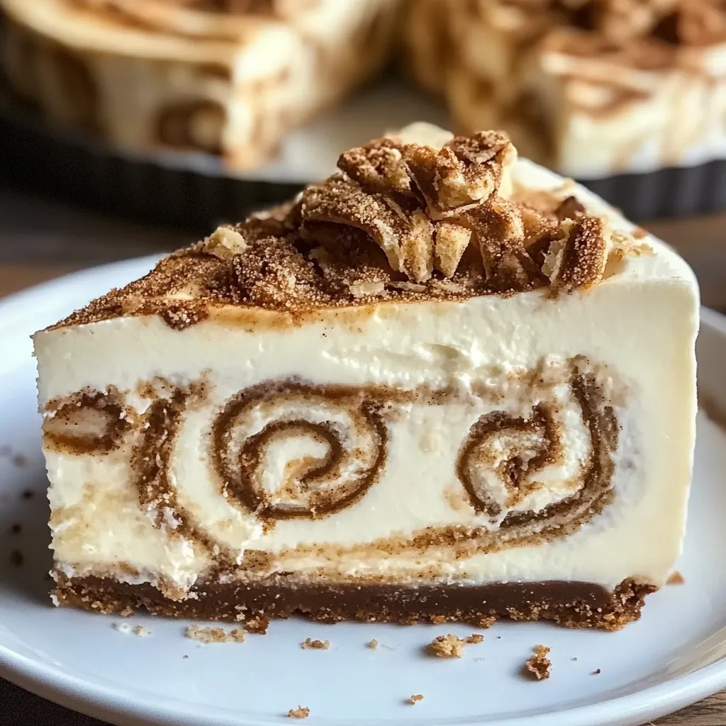 Cinnamon Roll Cheesecake with creamy layers, cinnamon swirls, and a drizzle of glaze on a white plate.