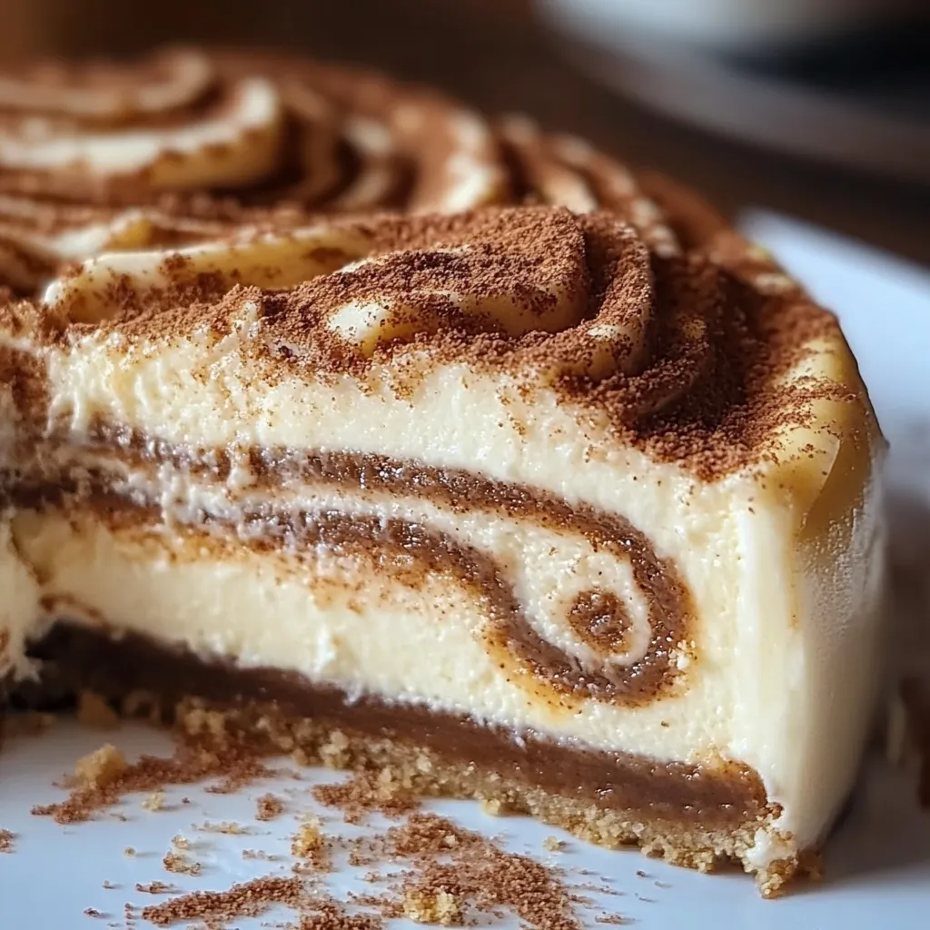 Cinnamon Roll Cheesecake with creamy layers, cinnamon swirls, and a drizzle of glaze on a white plate.